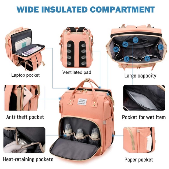 ♡ Waterproof Diaper Bag Backpack w/ Changing Station & Stroller Straps, Pink ♡ - Picture 3 of 8